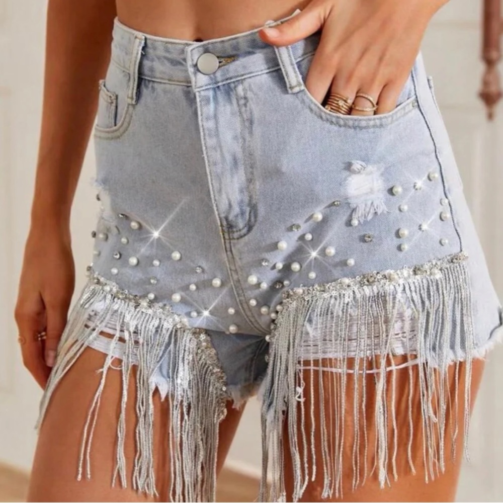 Tassel Light Blue Denim Shorts Sz XL